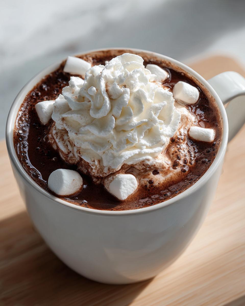 Close-up of a mug filled with rich crockpot hot chocolate topped with whipped cream and marshmallows.