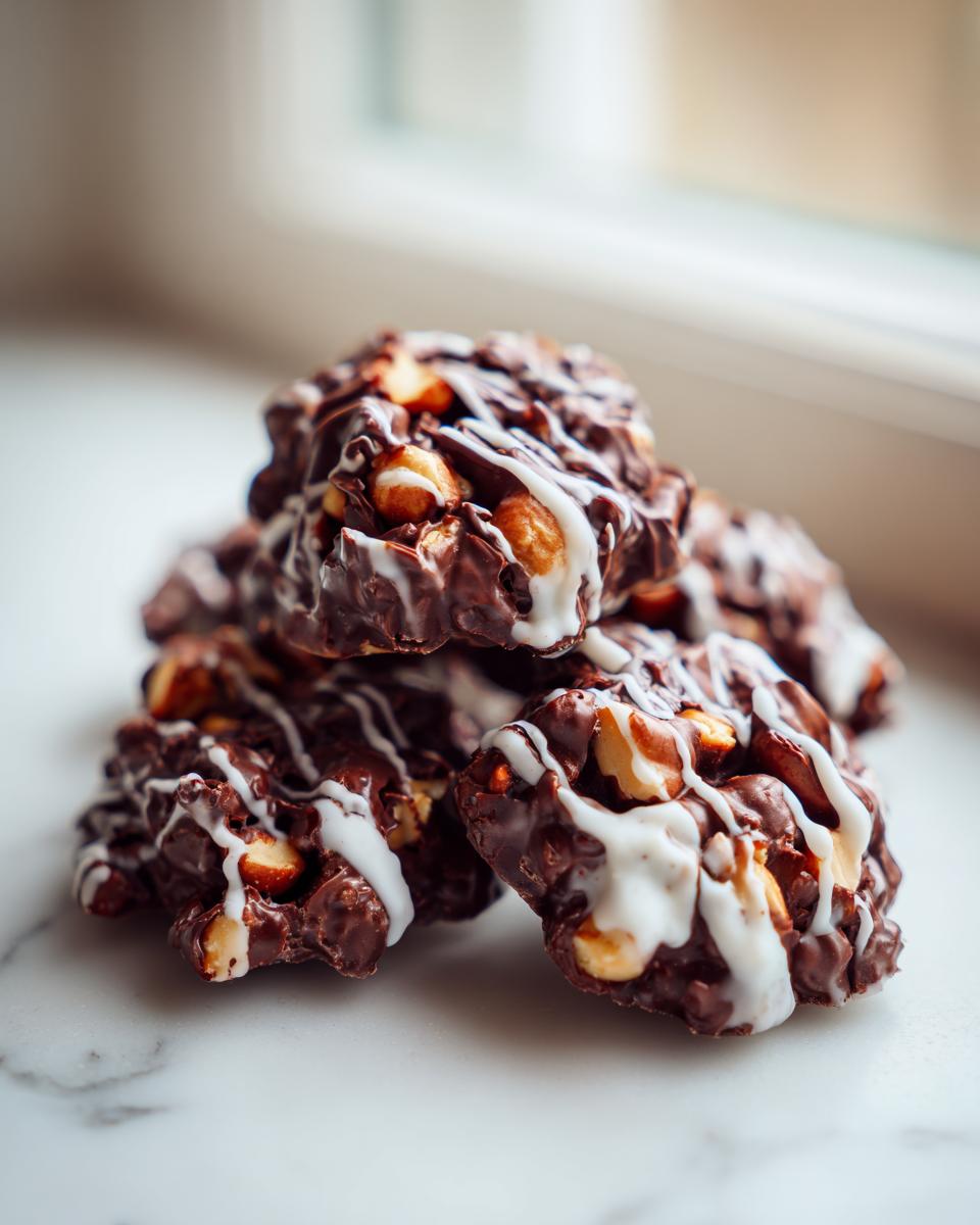 A small pile of rich, dark chocolate crockpot peanut clusters drizzled with white icing.
