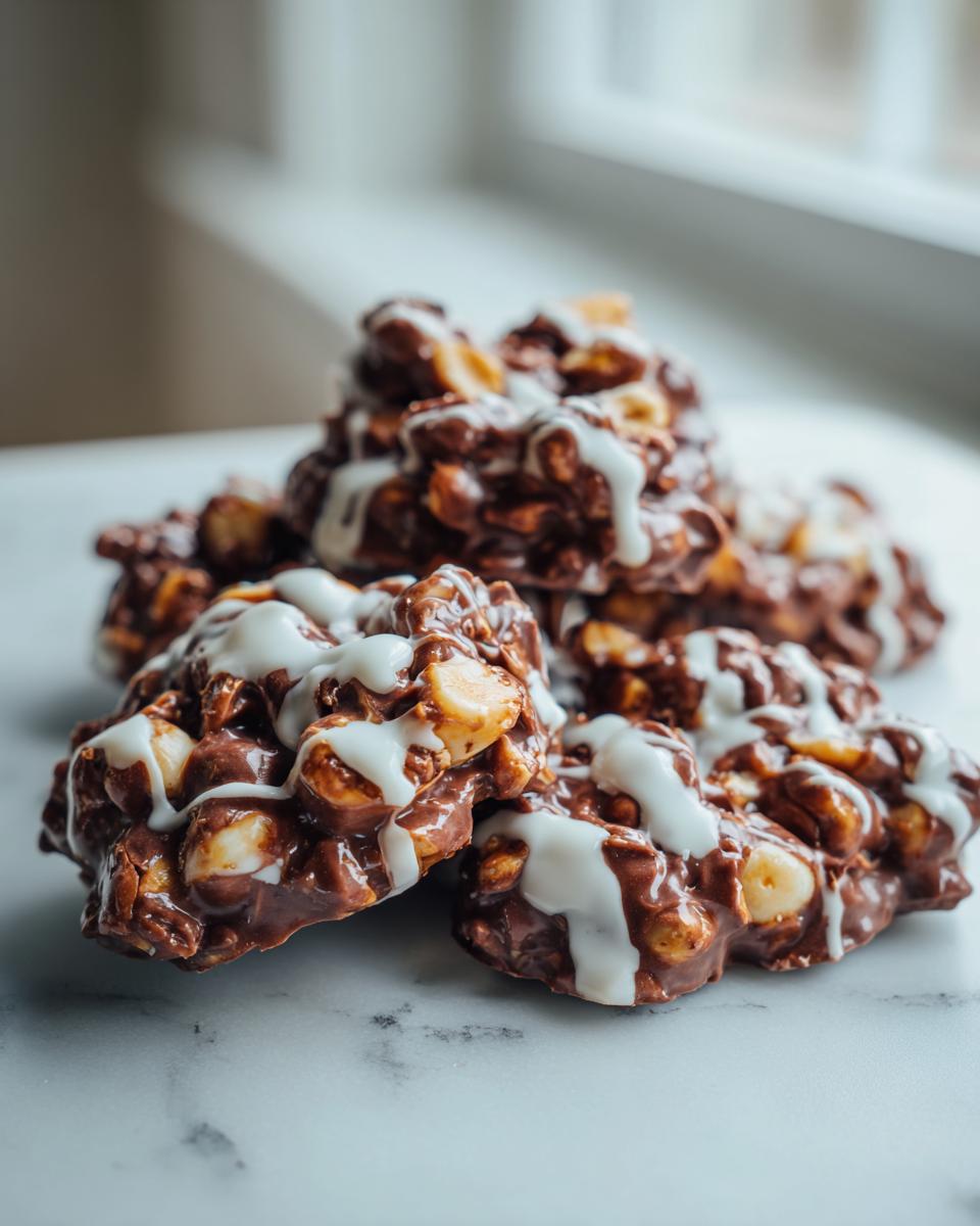 Close-up of several rich, chocolate crockpot peanut clusters drizzled with white icing on a marble surface.
