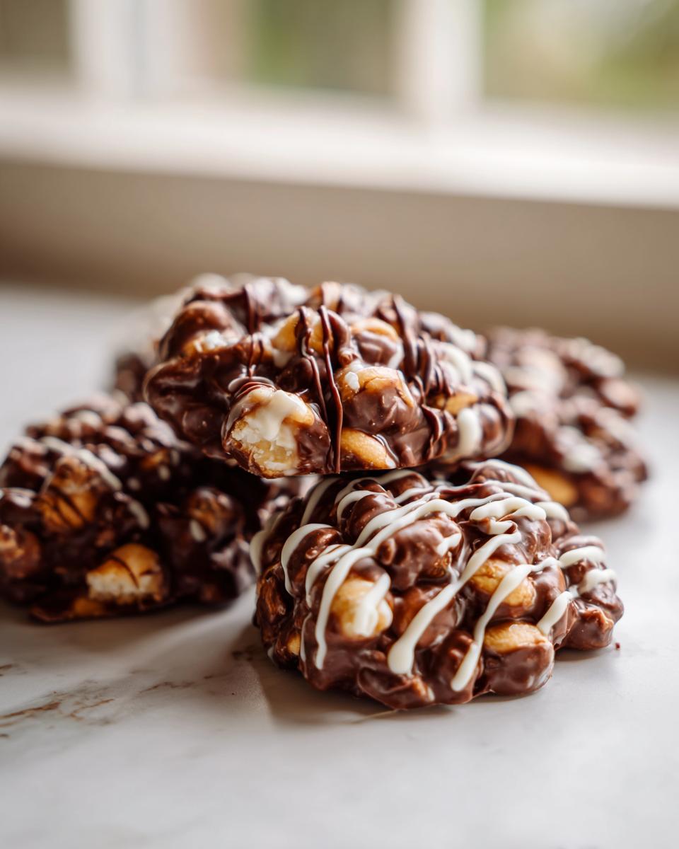 Close-up of several rich crockpot peanut clusters covered in chocolate and drizzled with white chocolate.