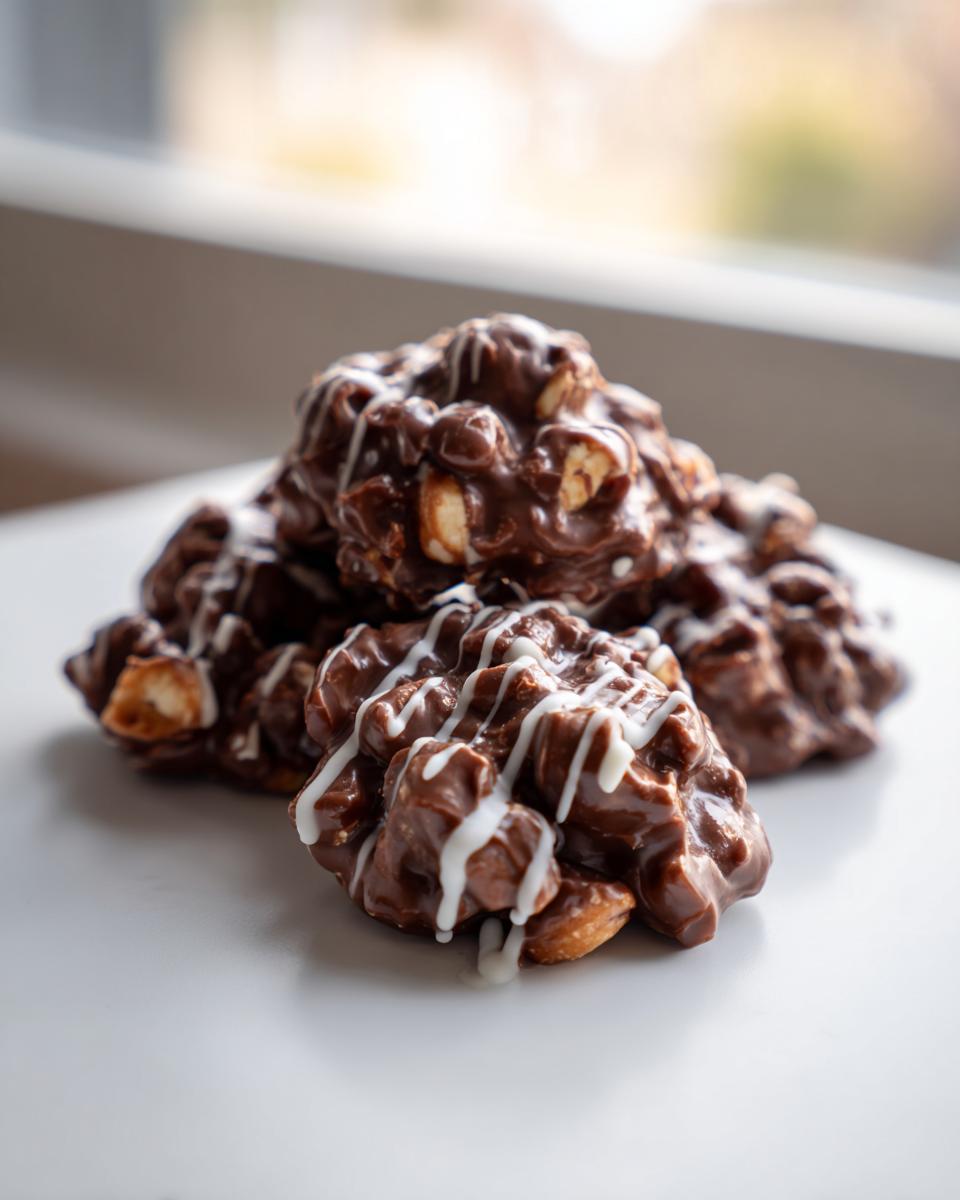 A stack of rich chocolate crockpot peanut clusters drizzled with white chocolate on a white plate.