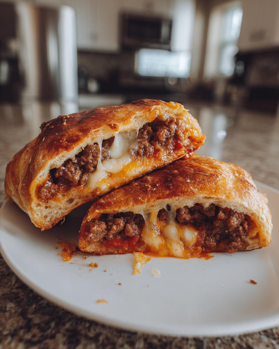 A piece of golden-brown garbage bread cut in half, revealing a rich, meaty filling and melted cheese.