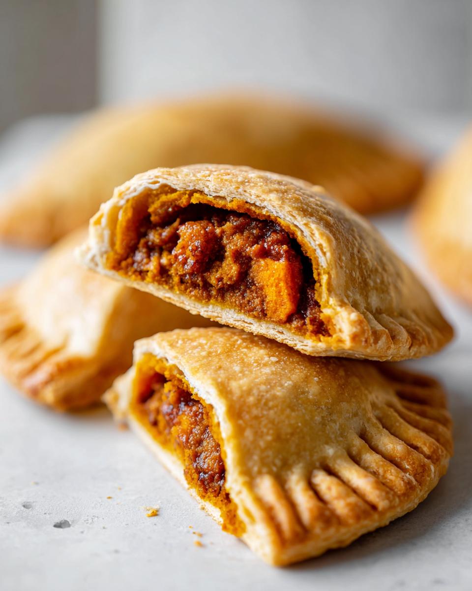 Close-up of two halves of a baked pumpkin empanada showing the rich, spiced pumpkin filling inside.
