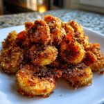 A close-up of a pile of perfectly seasoned and crunchy fried shrimp served on a white plate.