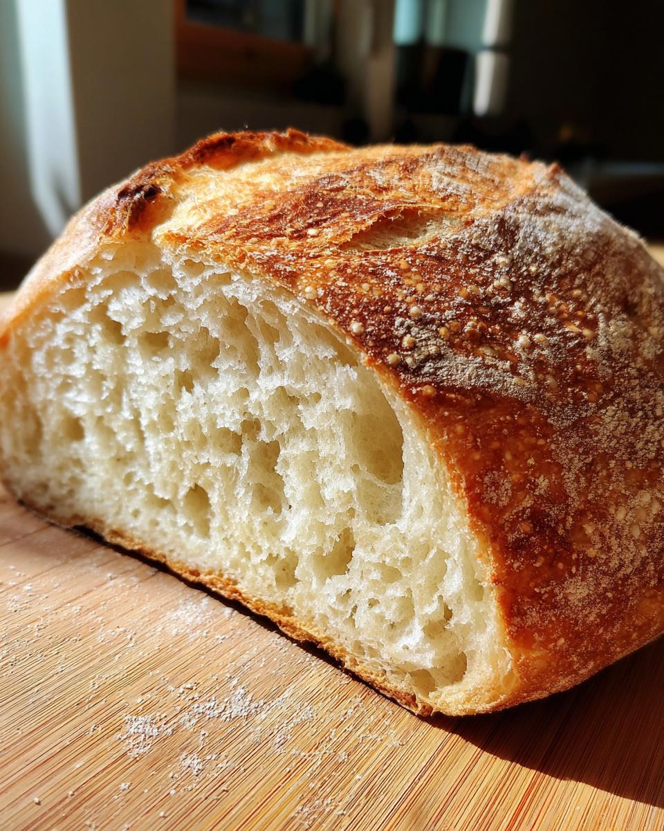 Close-up of the open crumb structure inside a freshly baked french bread loaf with a golden crust.