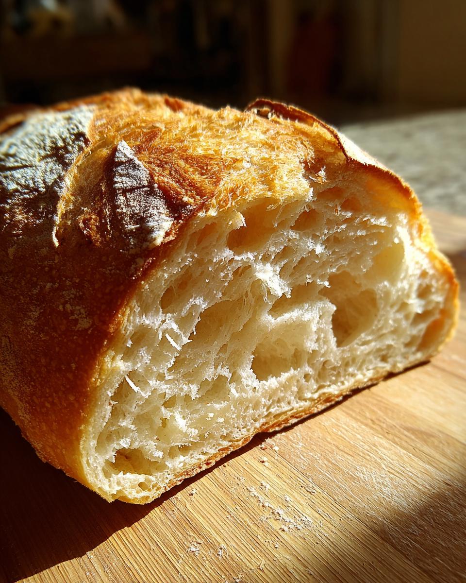 Close-up of a freshly baked french bread loaf cut in half, showing a golden crust and airy, open crumb structure.