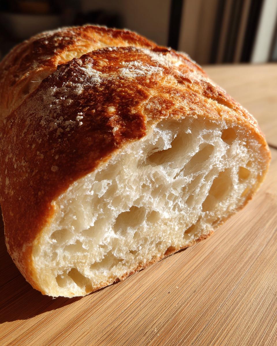 Close-up of the open crumb structure inside a freshly baked french bread loaf, showing a crisp crust.