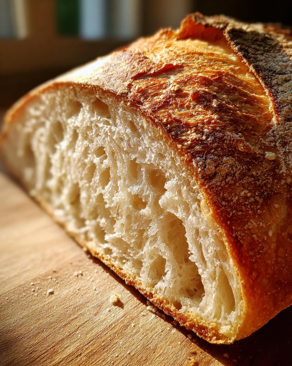Close-up of the airy, open crumb structure inside a freshly baked french bread loaf.