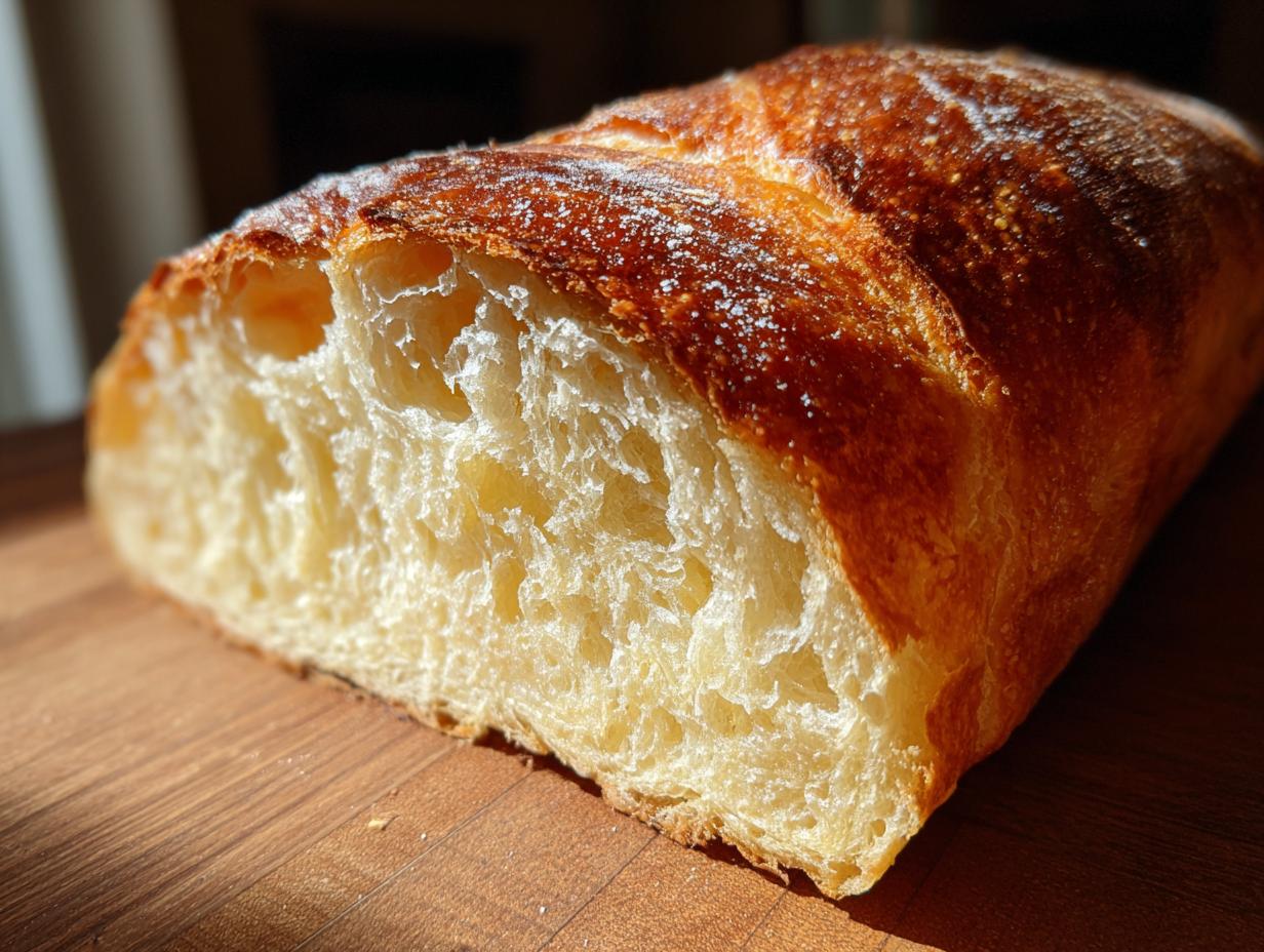 Close-up of the airy crumb and golden crust of a freshly baked french bread loaf.