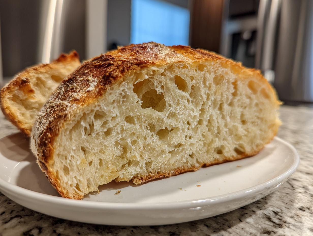 Close-up of a slice of crusty Italian bread showing an open, airy crumb structure on a white plate.
