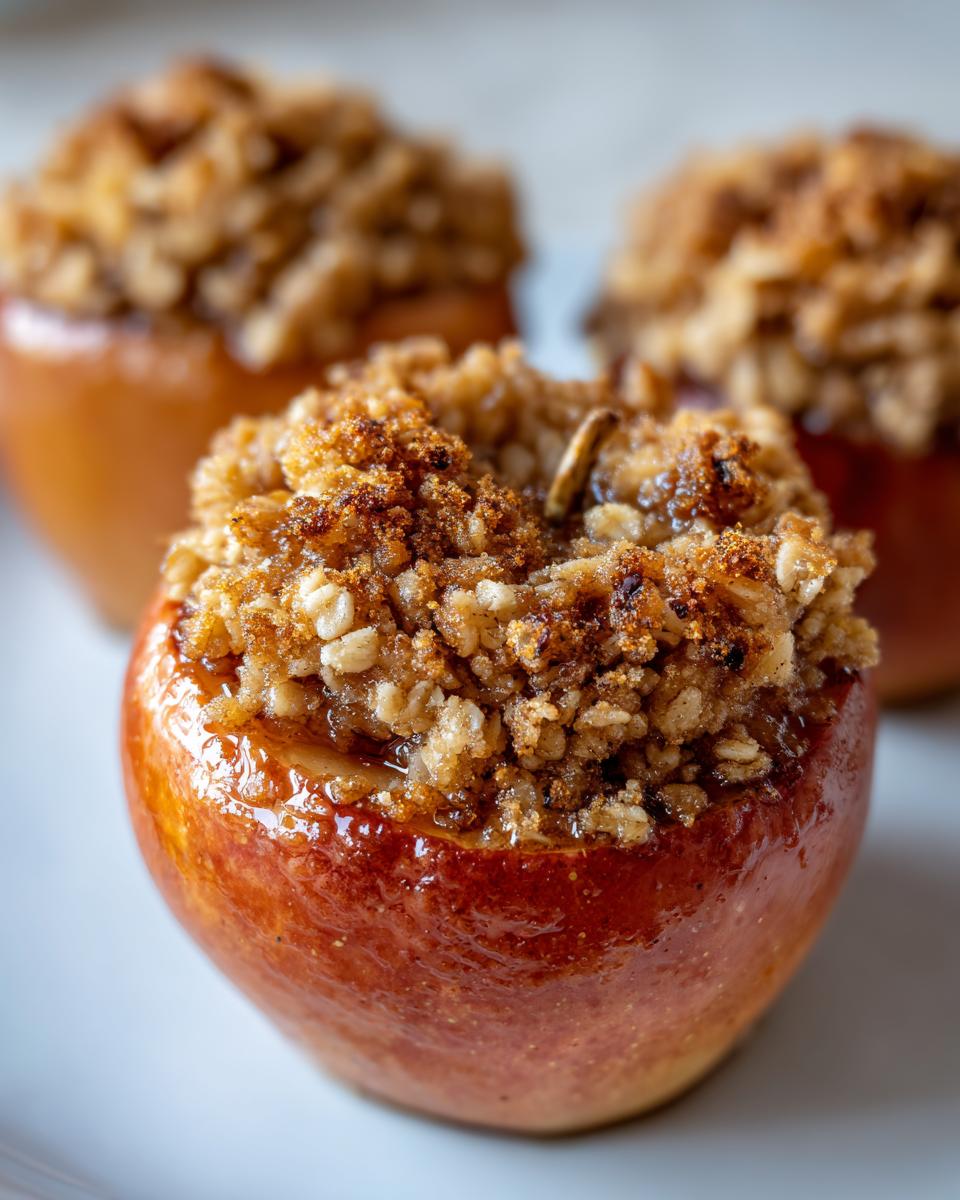 Close-up of one perfectly cooked baked apples topped with a rich, brown sugar and oat crumble.