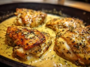 Four pieces of golden-brown Dijon chicken simmering in a rich, creamy yellow sauce seasoned with herbs.