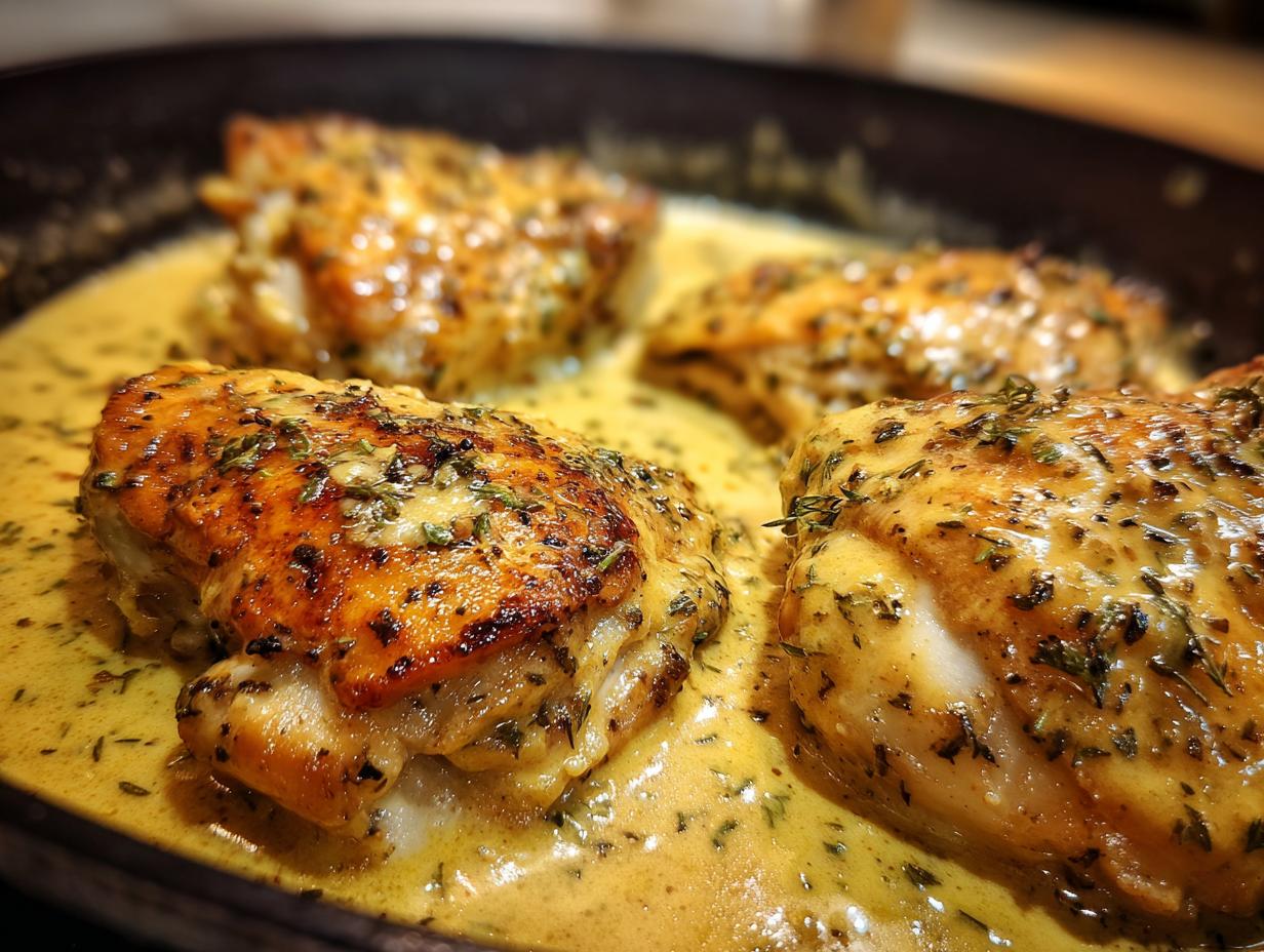 Four pieces of golden-brown Dijon chicken simmering in a rich, creamy yellow sauce seasoned with herbs.