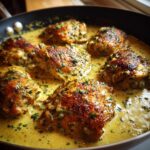 Six pieces of golden-brown Dijon chicken simmering in a rich, creamy yellow sauce with parsley.