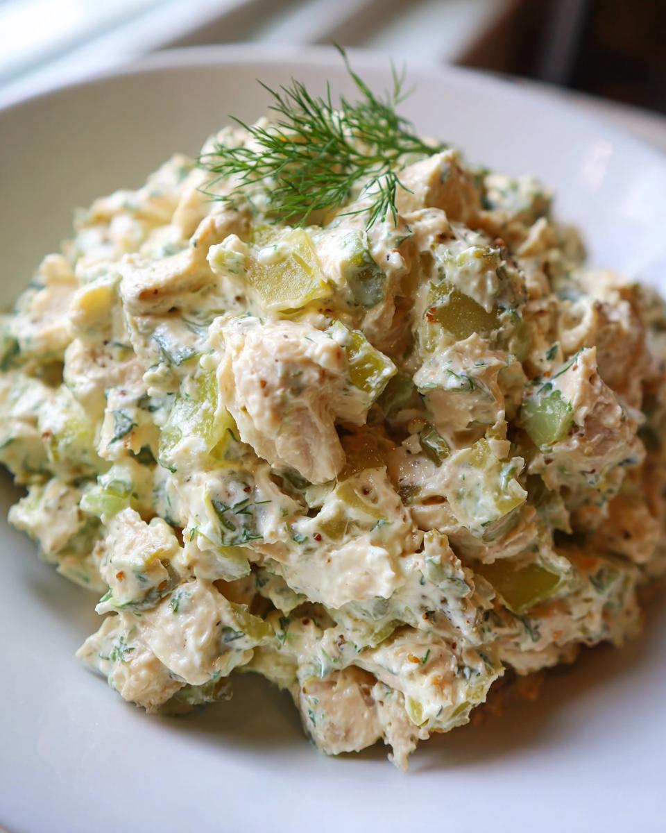 A generous scoop of creamy dill pickle chicken salad, topped with fresh dill sprig.