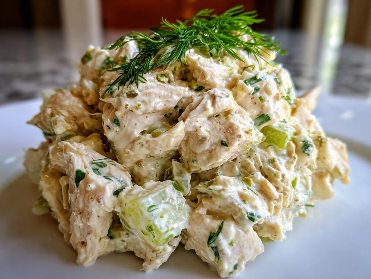 A close-up mound of creamy dill pickle chicken salad, garnished with fresh dill sprigs.