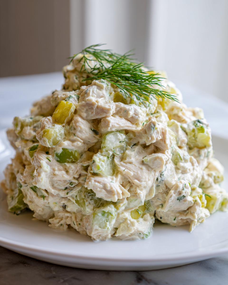 A heaping mound of creamy dill pickle chicken salad garnished with fresh dill on a white plate.