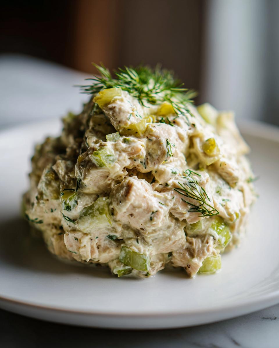 A mound of creamy dill pickle chicken salad featuring chunks of chicken, celery, and topped with fresh dill sprigs.