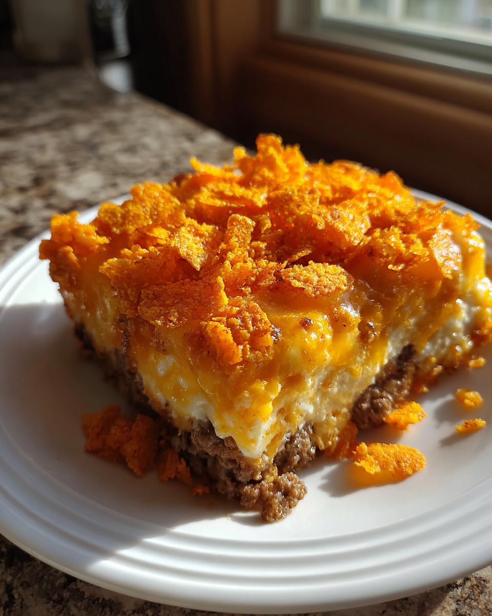 A square serving of Dorito Casserole with a ground meat base, creamy layer, and crunchy orange Dorito topping.