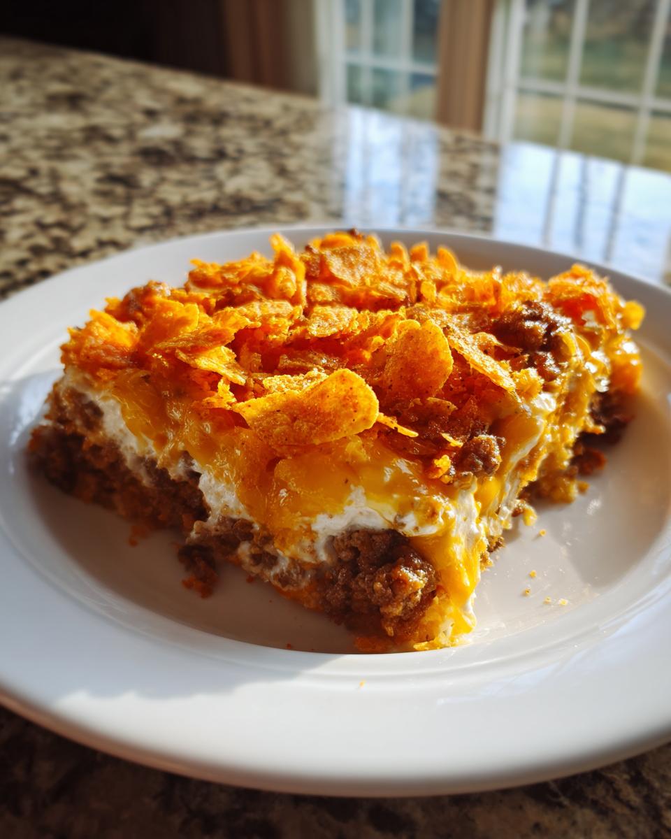 A square slice of Dorito Casserole featuring layers of meat, creamy filling, melted cheese, and a crunchy Doritos topping.