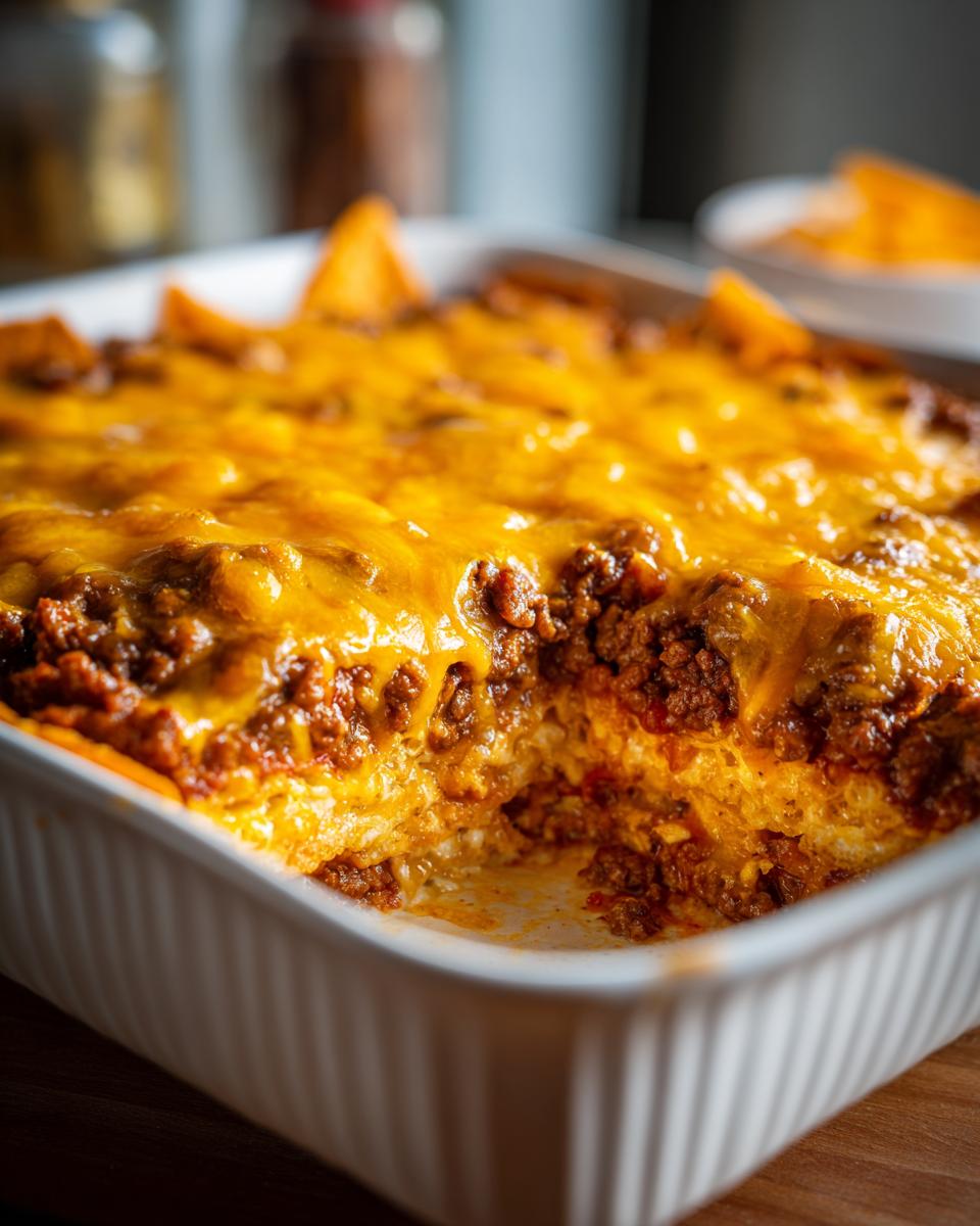 Close-up of a baked doritos casserole with ground beef, topped with melted cheddar cheese in a white baking dish.