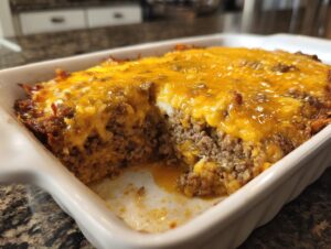 A serving dish showing a scoop taken out of a baked doritos casserole with ground beef and melted cheddar cheese topping.
