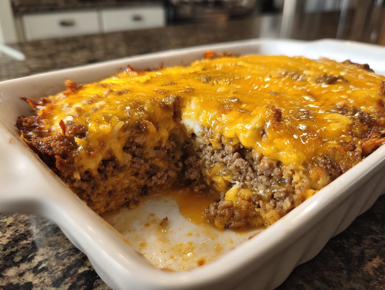 A serving dish showing a scoop taken out of a baked doritos casserole with ground beef and melted cheddar cheese topping.