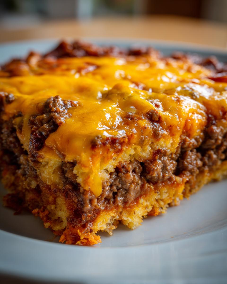 Close-up of a hearty slice of doritos casserole with ground beef, layered with melted cheddar cheese.