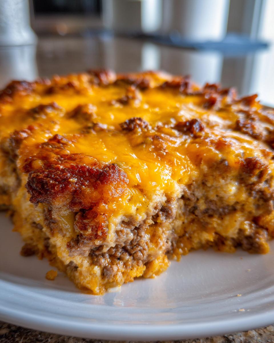 A close-up slice of baked doritos casserole with ground beef, topped with melted, bubbly cheddar cheese.