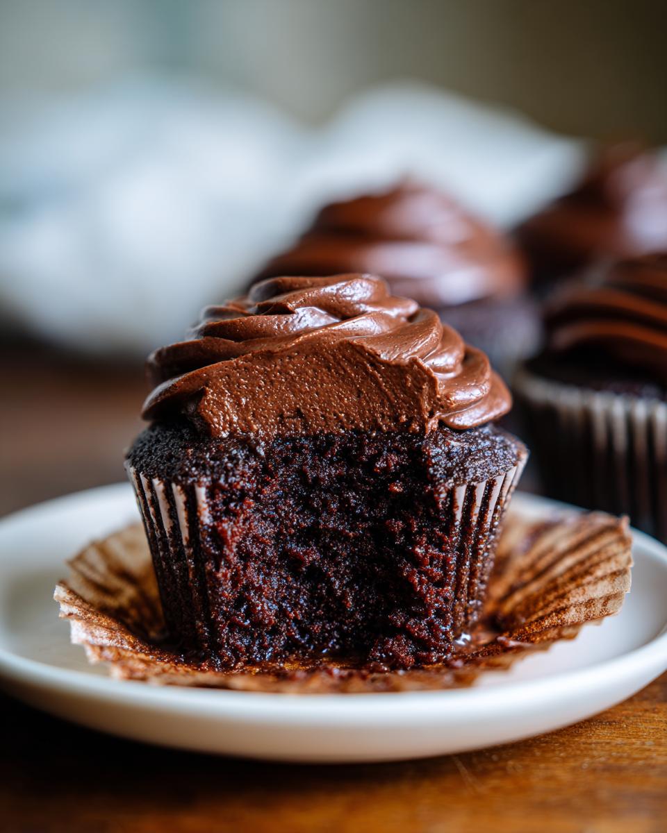 Close-up of an easy chocolate cupcakes with a bite taken out, showing moist dark cake and rich chocolate frosting.