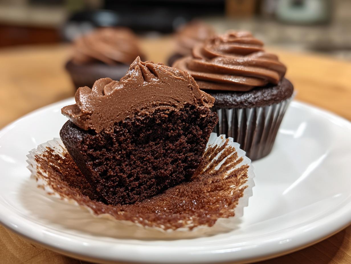 Close-up of an easy chocolate cupcake cut in half showing moist dark cake and chocolate frosting swirl.
