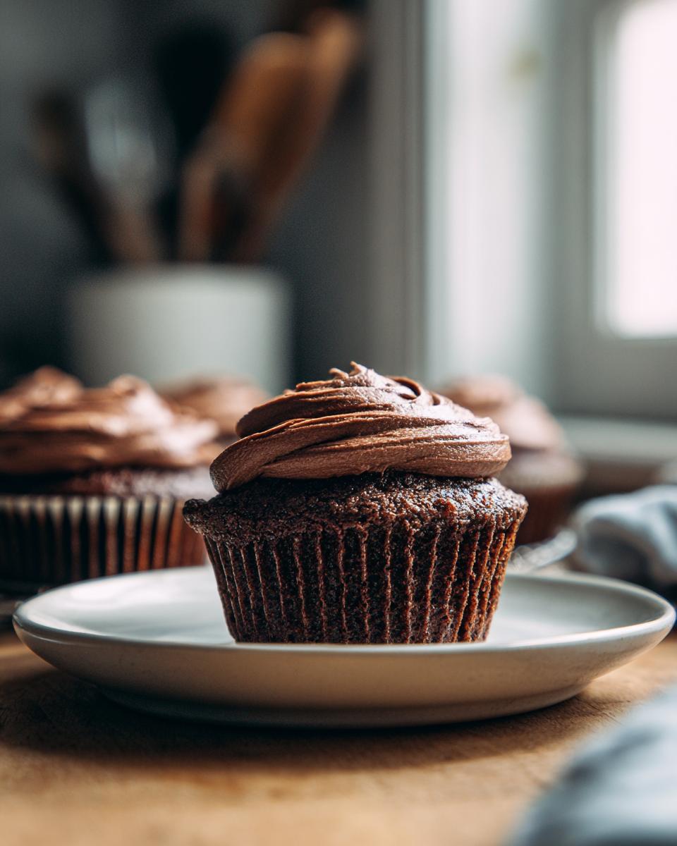 A single, rich, dark chocolate cupcake topped with a swirl of chocolate frosting, ready to eat, part of a batch of easy chocolate cupcakes.