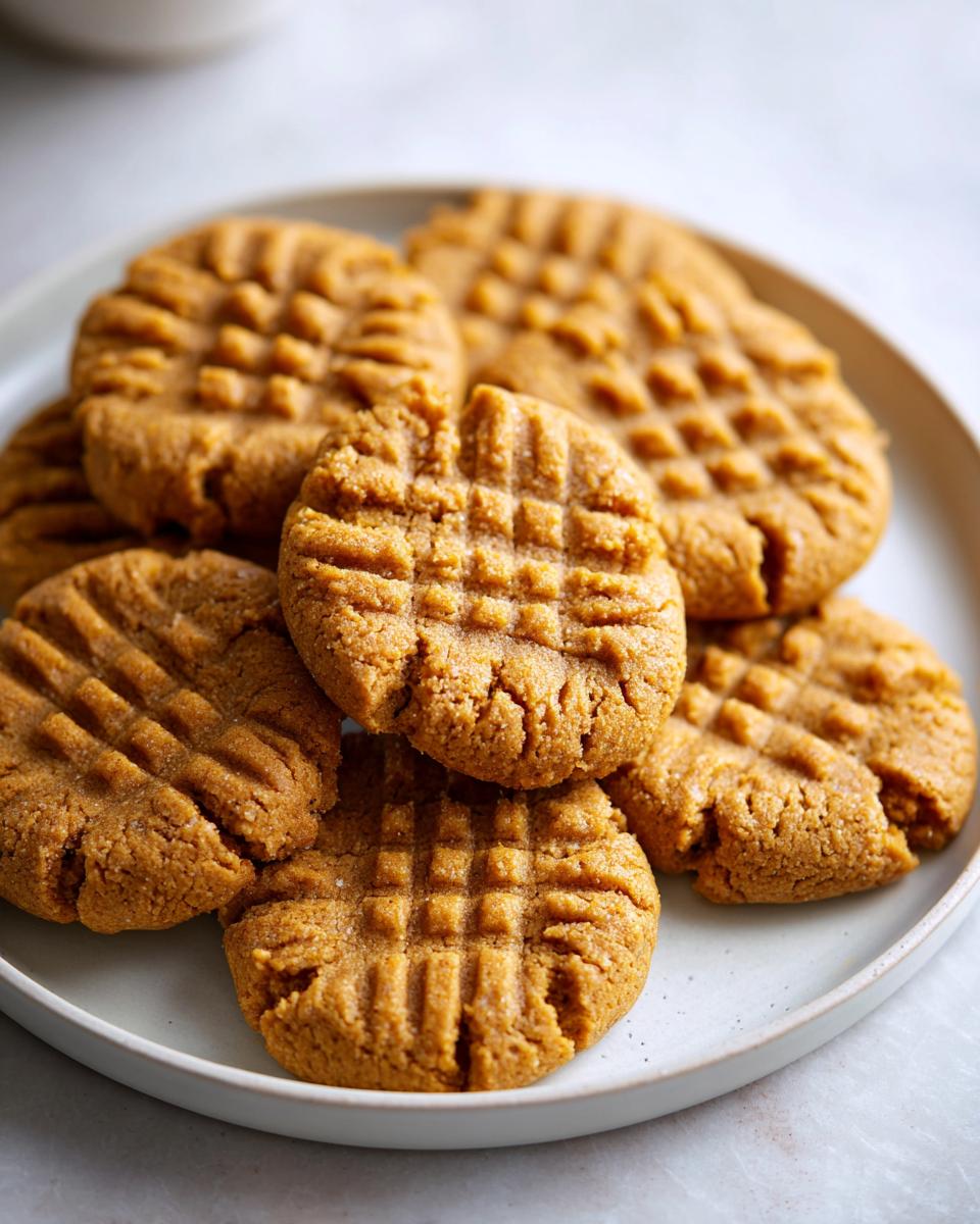 A close-up of several golden brown Easy Peanut Butter Cookies with classic crosshatch fork marks on a light plate.