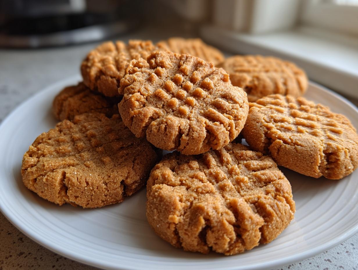 A close-up of several golden brown Easy Peanut Butter Cookies with classic fork crosshatch marks on a white plate.