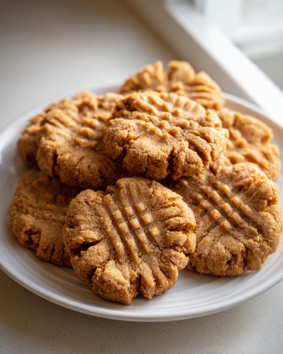 A close-up of several freshly baked Easy Peanut Butter Cookies stacked on a white plate, showing classic crisscross fork marks.