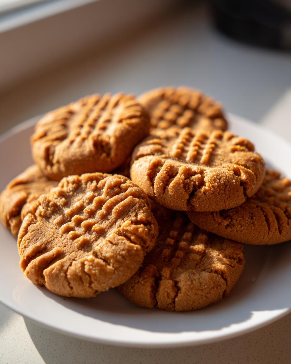 A stack of freshly baked Easy Peanut Butter Cookies with classic crisscross fork marks on a white plate.