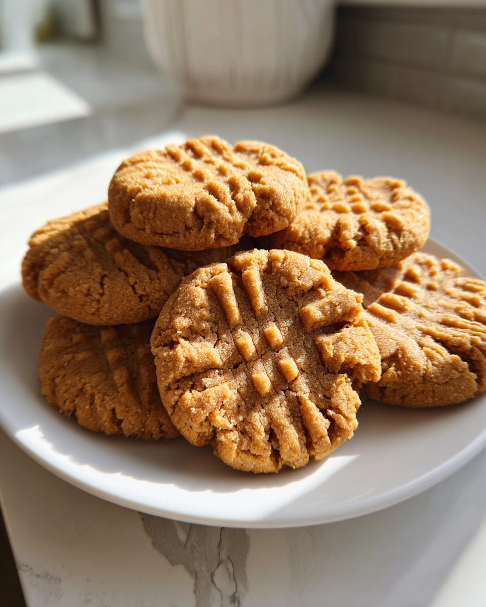 A stack of freshly baked Easy Peanut Butter Cookies with classic crisscross fork marks on a white plate.