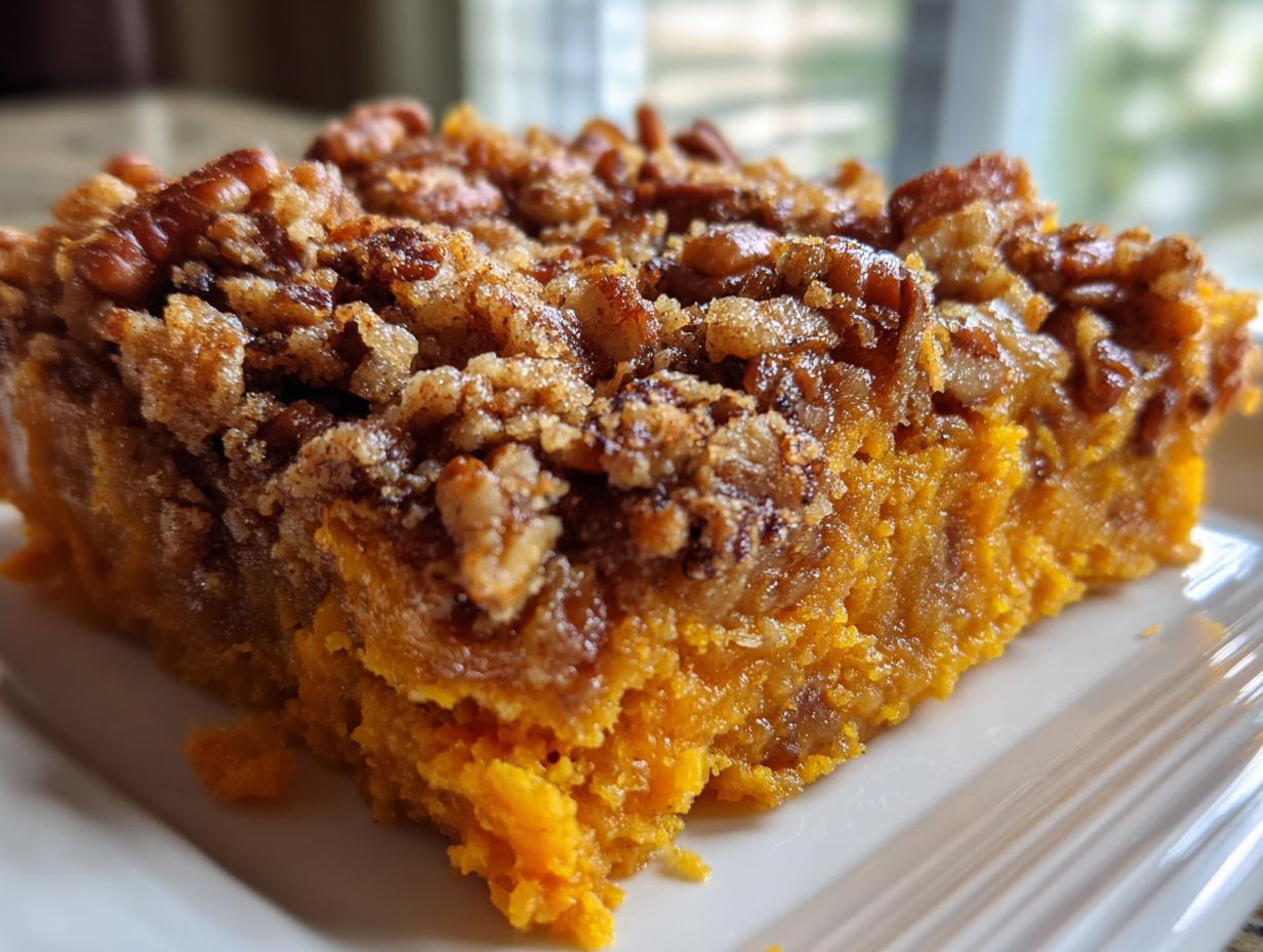 Close-up of a rich, orange slice of easy sweet potato casserole topped with a crunchy brown sugar and pecan streusel.