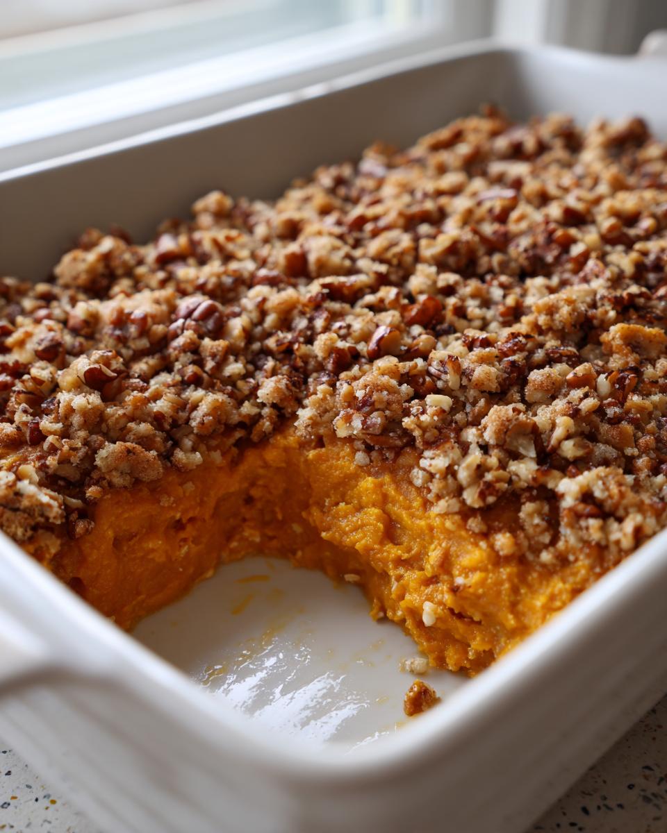 Close-up of an easy sweet potato casserole in a white dish with a scoop removed, showing a thick pecan crumble topping.
