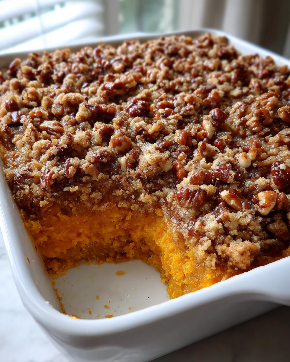 A close-up of an easy sweet potato casserole in a white dish, showing a scoop removed and a thick, crunchy pecan streusel topping.