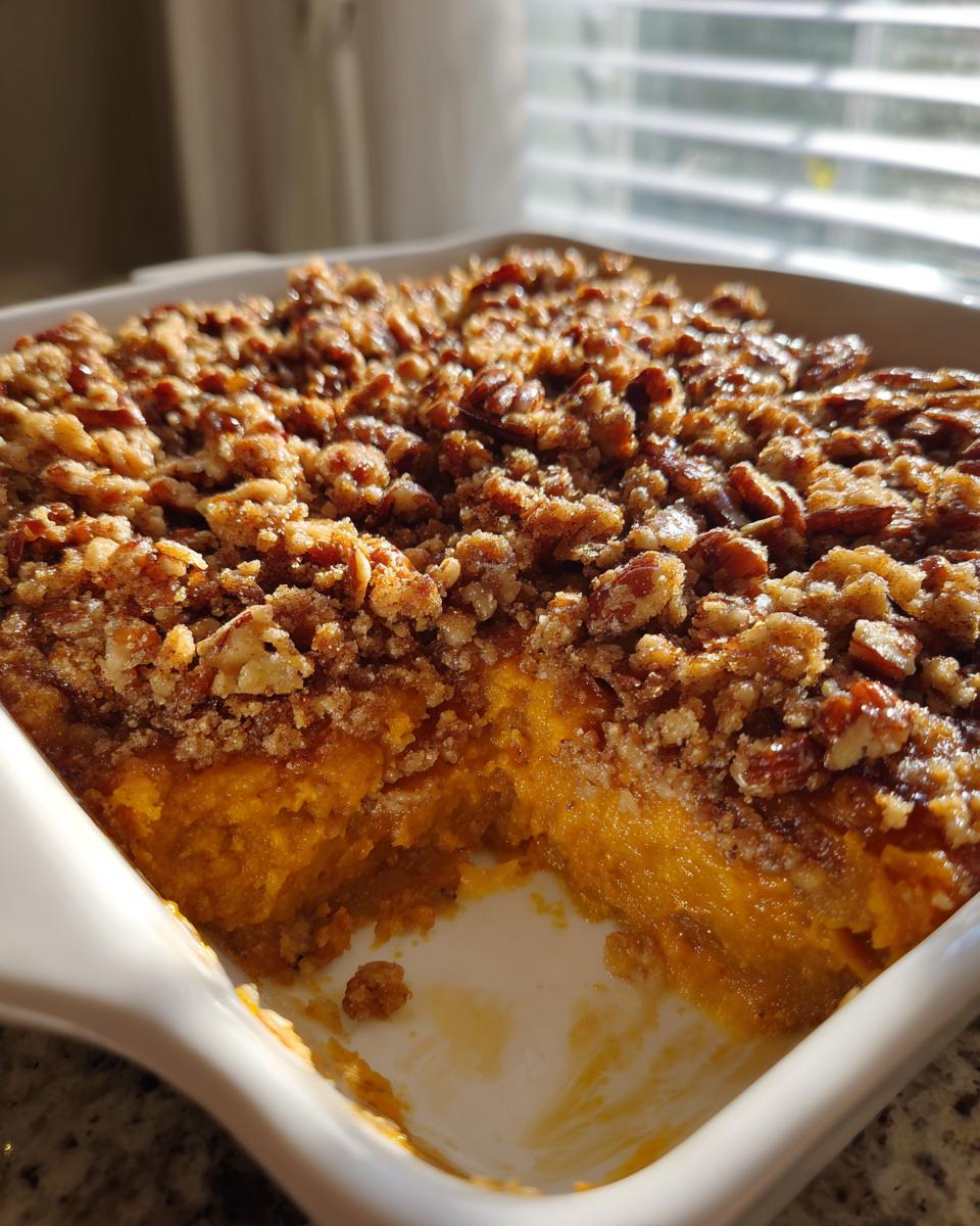 A scoop has been taken out of an easy sweet potato casserole topped with a crunchy brown sugar and pecan streusel.