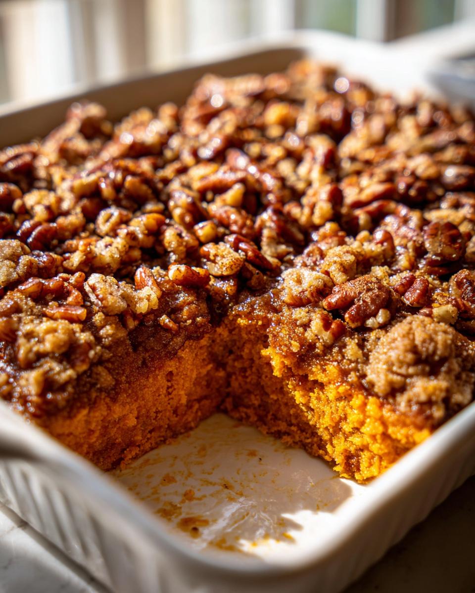 A portion removed from an easy sweet potato casserole topped with a thick, caramelized pecan crumble in a white baking dish.