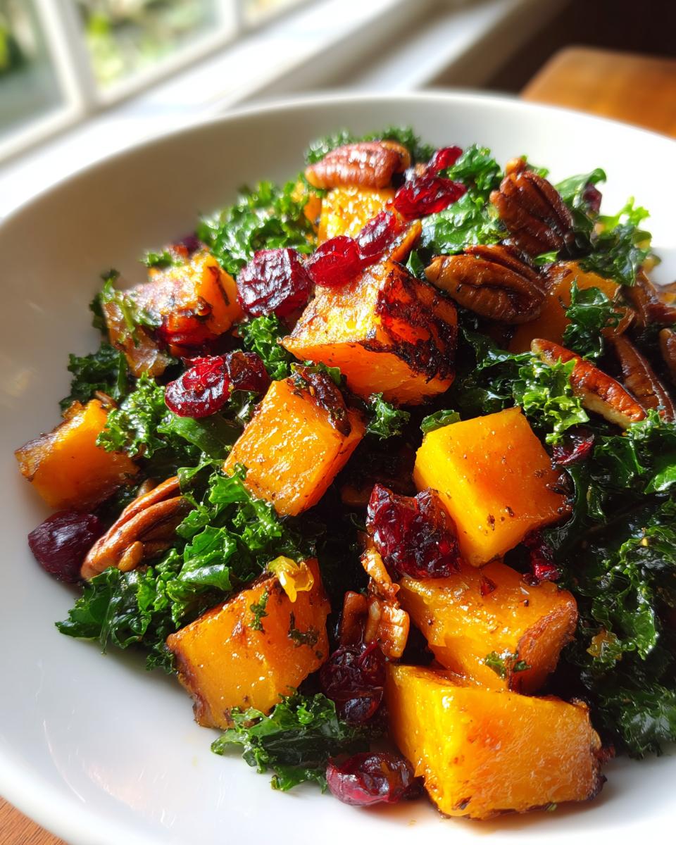 Close-up of a vibrant Fall Harvest Salad featuring roasted butternut squash, kale, pecans, and dried cranberries.