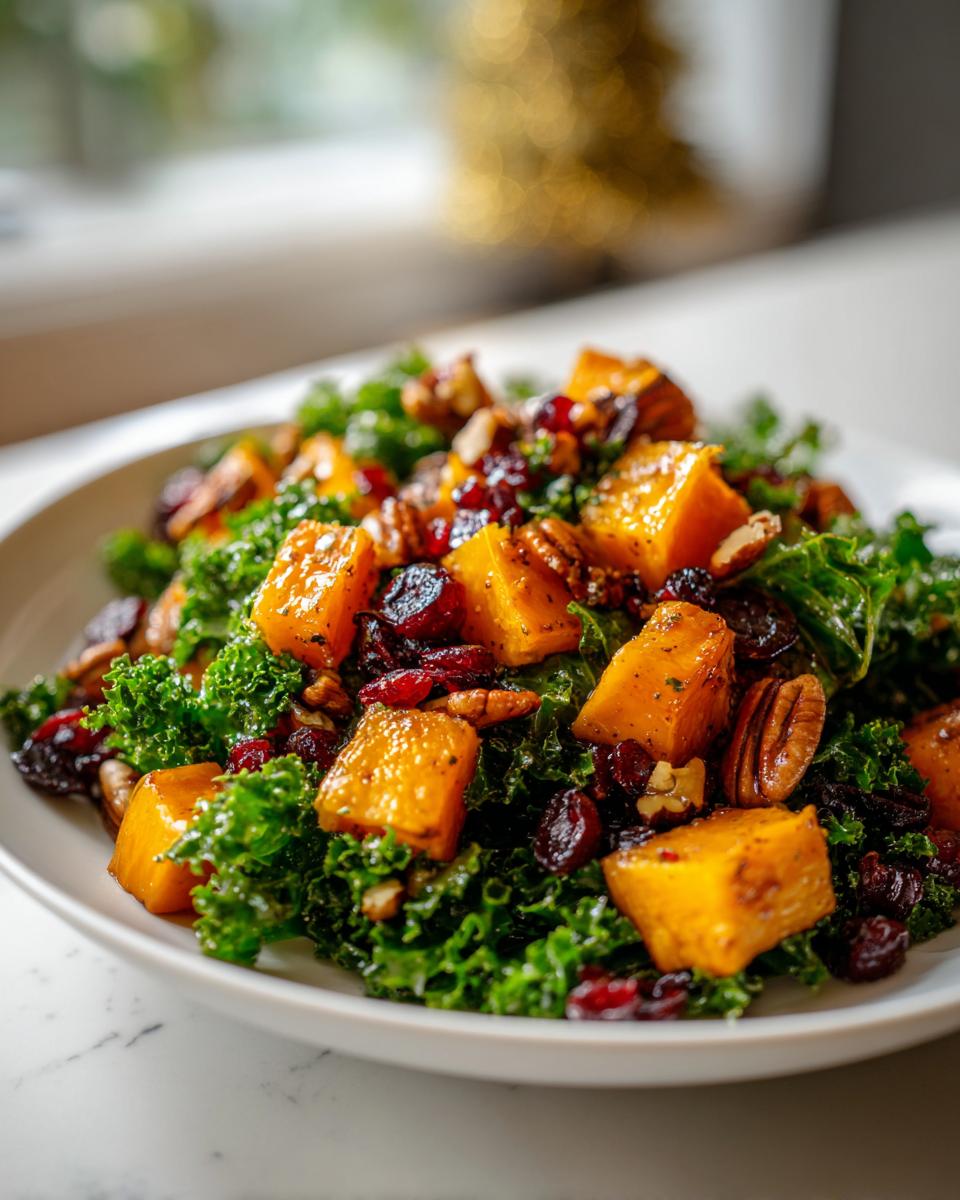 Close-up of a vibrant Fall Harvest Salad featuring bright orange roasted squash, dark green kale, pecans, and dried cranberries.
