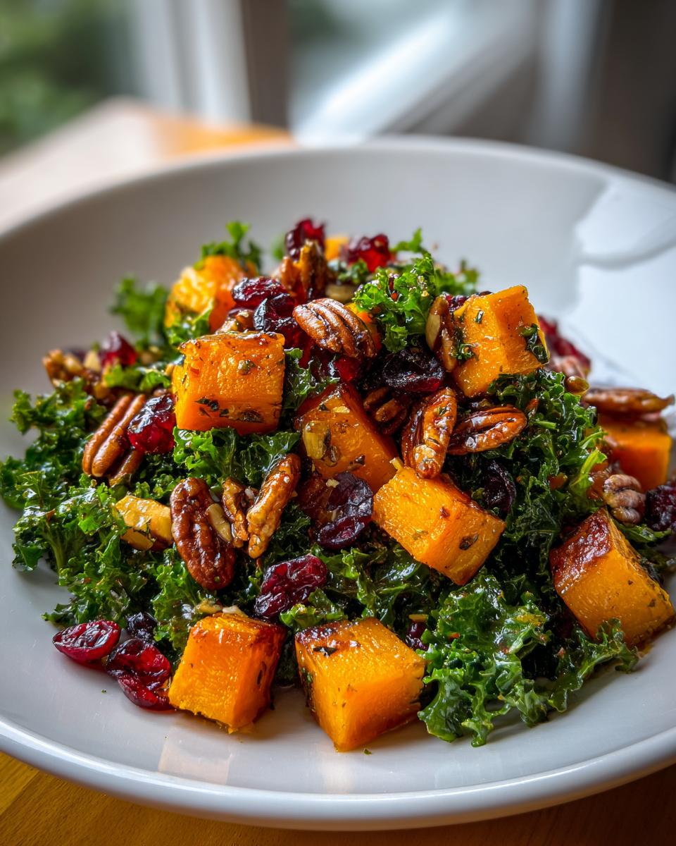 A vibrant close-up of a Fall Harvest Salad featuring roasted butternut squash, pecans, and dried cranberries over kale.