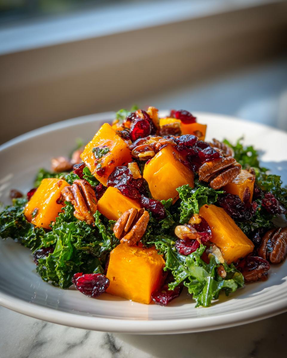 Close-up of a vibrant Fall Harvest Salad featuring bright orange squash cubes, dark dried cranberries, pecans, and green kale.