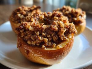 Close-up of three glistening baked apples topped with a rich, spiced oat and nut crumble filling.