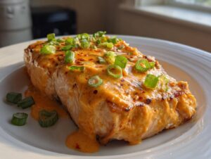 A close-up of a perfectly cooked fillet of bang bang salmon covered in creamy orange sauce and topped with fresh green scallions.