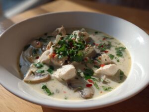 Close-up of a white bowl filled with creamy coconut soup featuring chunks of chicken, sliced mushrooms, and fresh herbs.