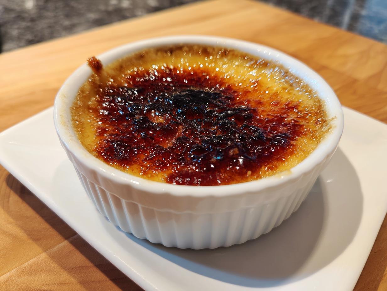 Close-up of a single serving of creme brulee with a dark, glassy, caramelized sugar crust.
